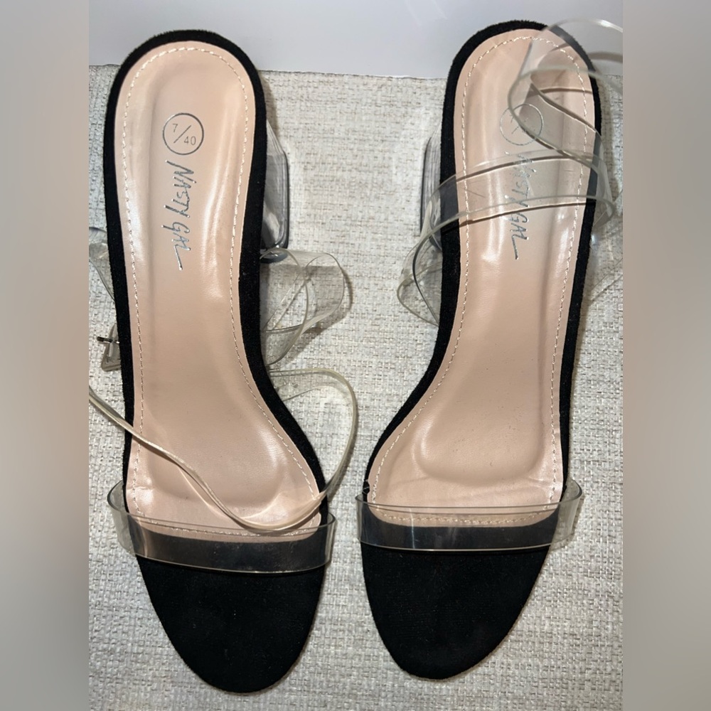 Nastygal Sandals- Clear Block Heel With Translucent Wrap Around Ankle Strap